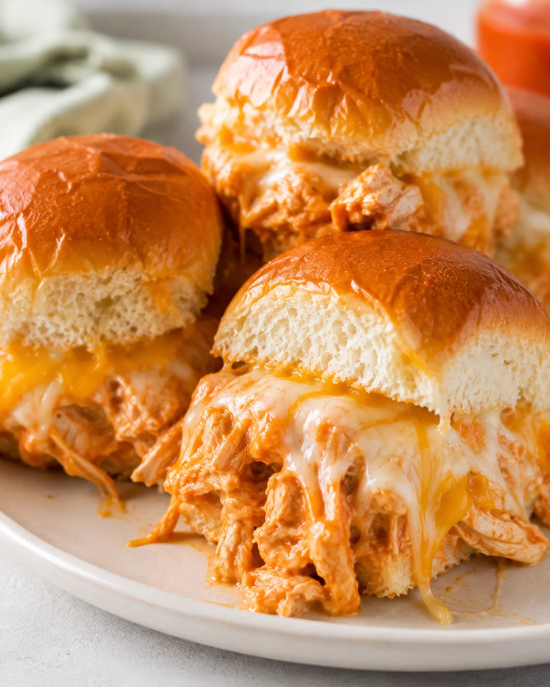 Three buffalo chicken sliders on a plate showing shredded chicken and melted cheese spilling from Hawaiian buns