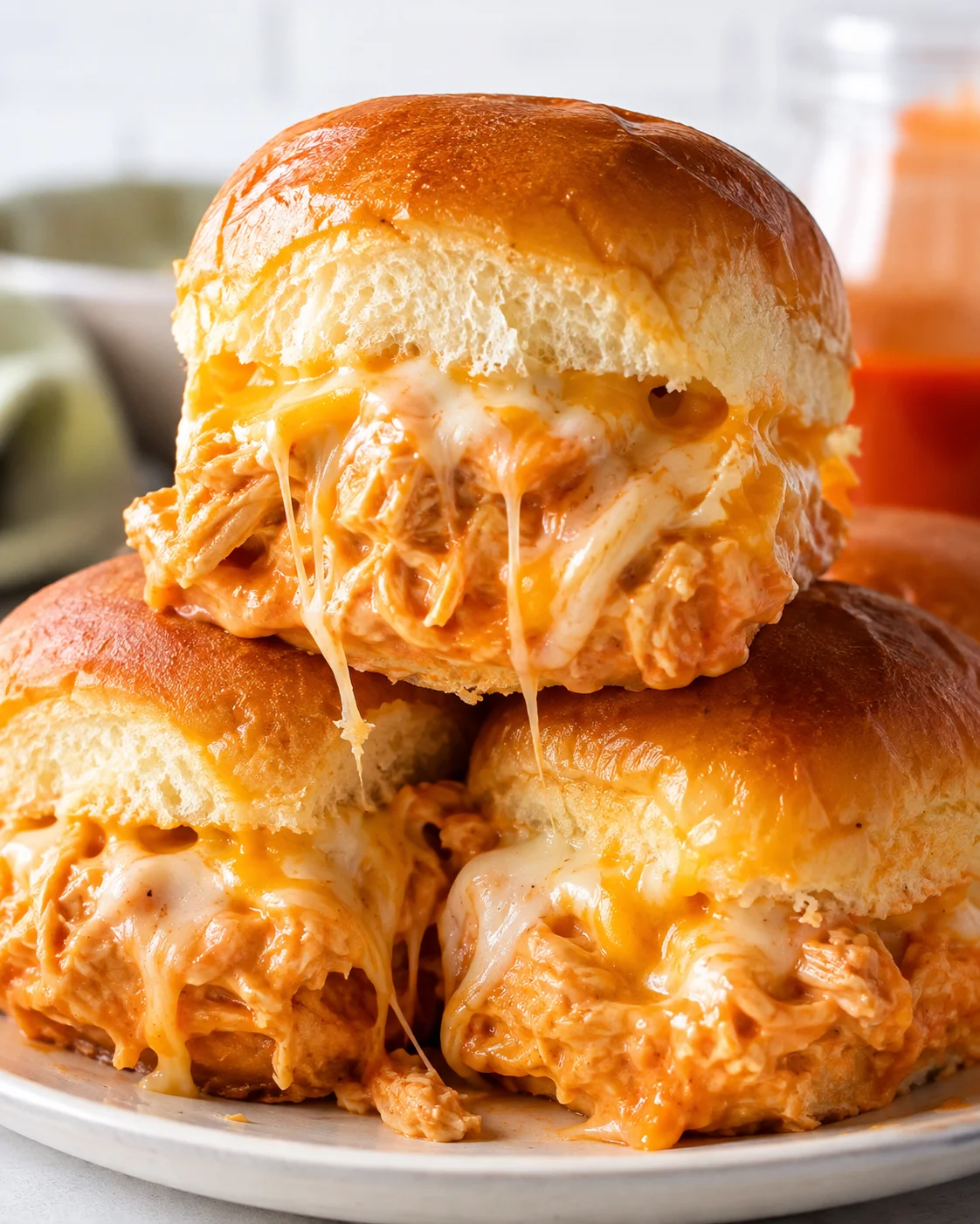 Stacked buffalo chicken sliders with melted cheese and shredded spicy chicken on Hawaiian rolls