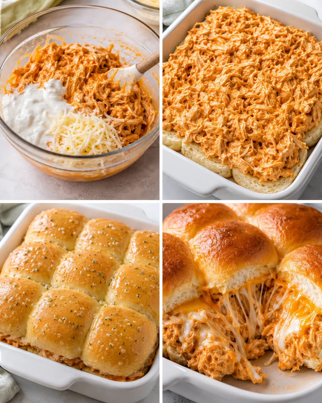 Collage of preparation steps showing mixing chicken and cheese, spreading chicken on rolls, brushed baked rolls, and cheesy sliders pulled apart