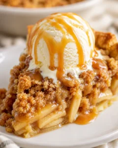 Close-up of a slice of caramel apple pie with a scoop of vanilla ice cream and caramel drizzled on top