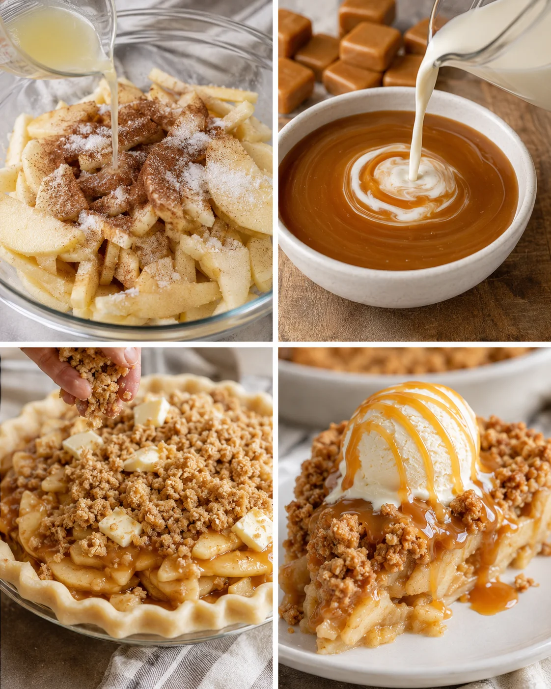 Collage showing preparation steps: tossing apples, melting caramels, sprinkling crumble and a plated slice with ice cream