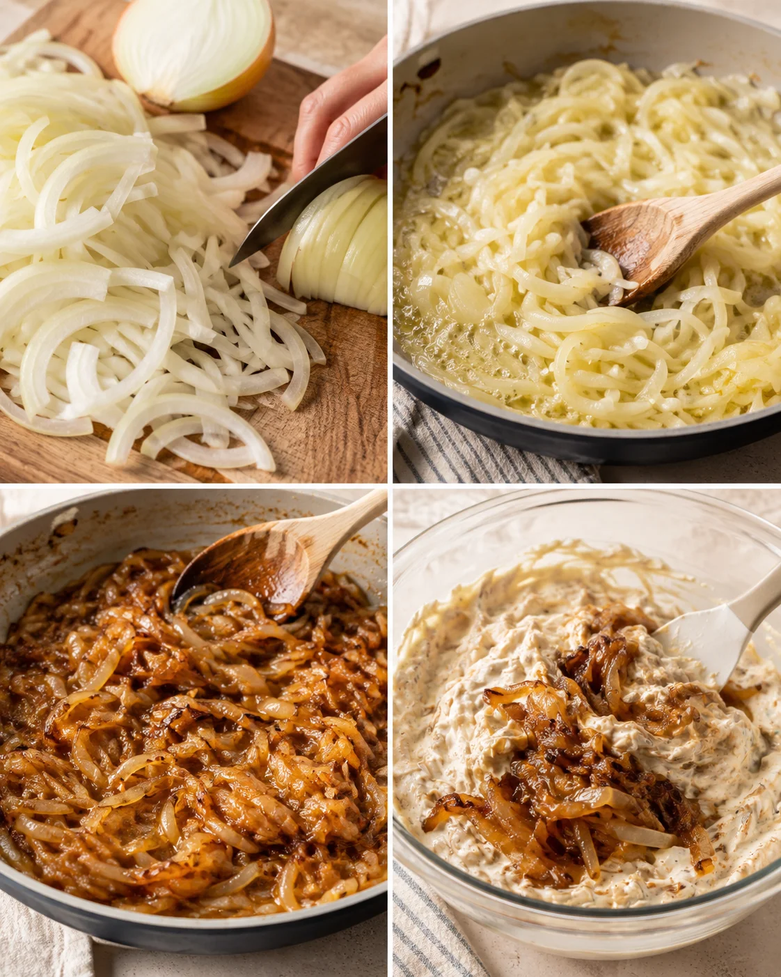 Four-panel sequence showing slicing onions, cooking to soften, caramelizing, and folding onions into dip