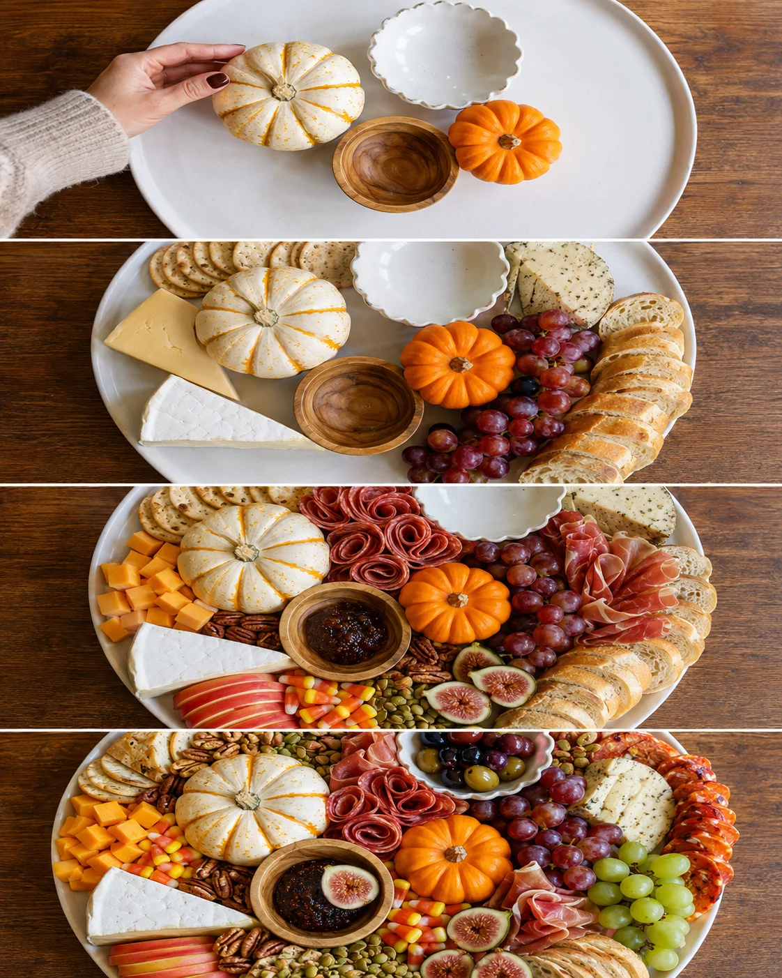 Four-panel progression showing steps to assemble a Thanksgiving charcuterie board