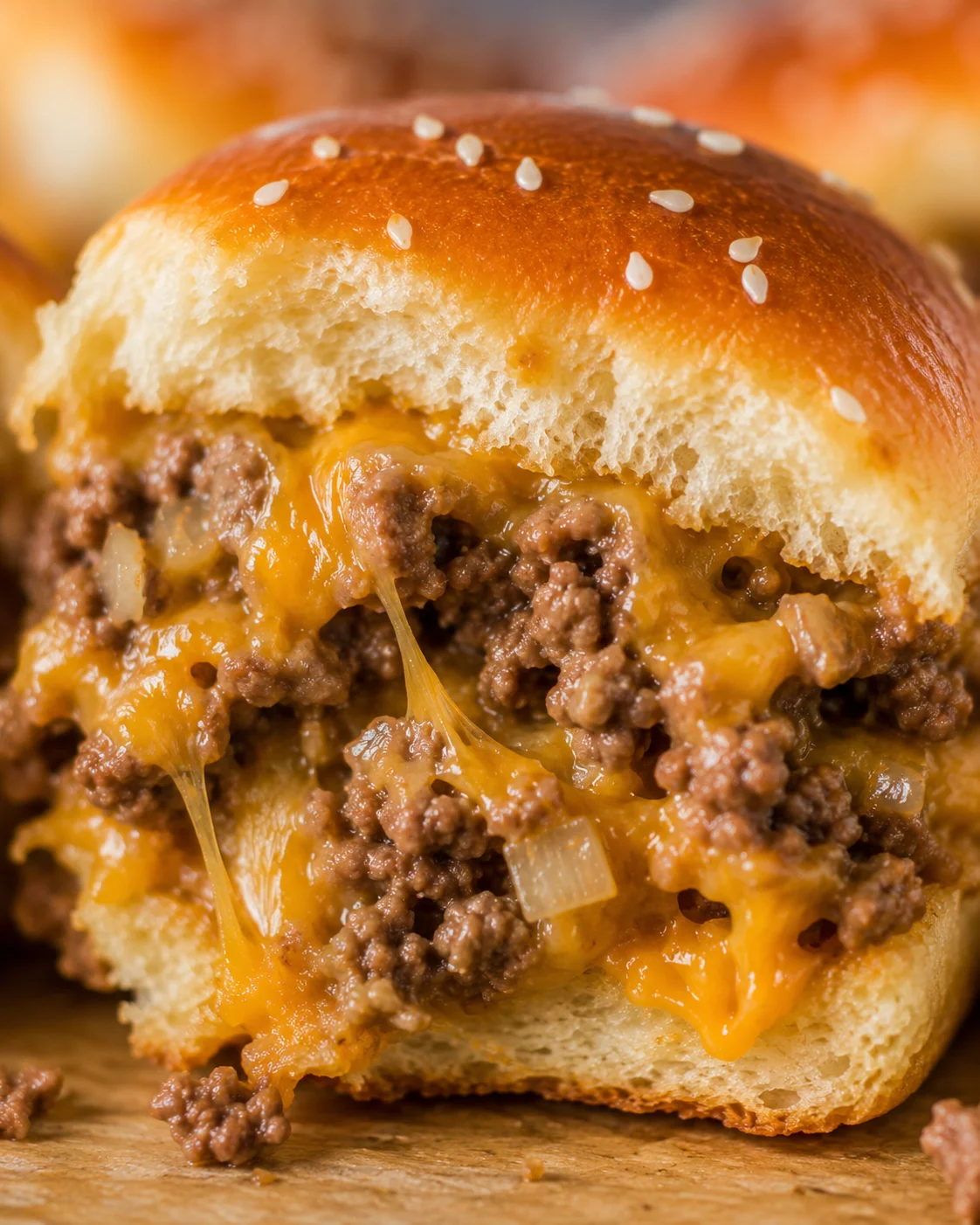 Close-up interior of cheeseburger slider with melted cheddar stretching