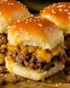 Close-up of a cheeseburger slider with melted cheddar and seasoned beef