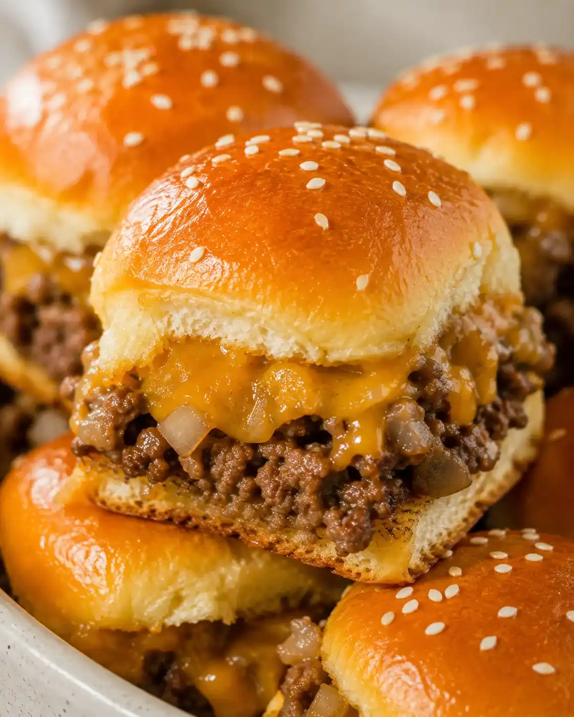 Tray of cheeseburger sliders with melted cheddar and sesame-topped buns
