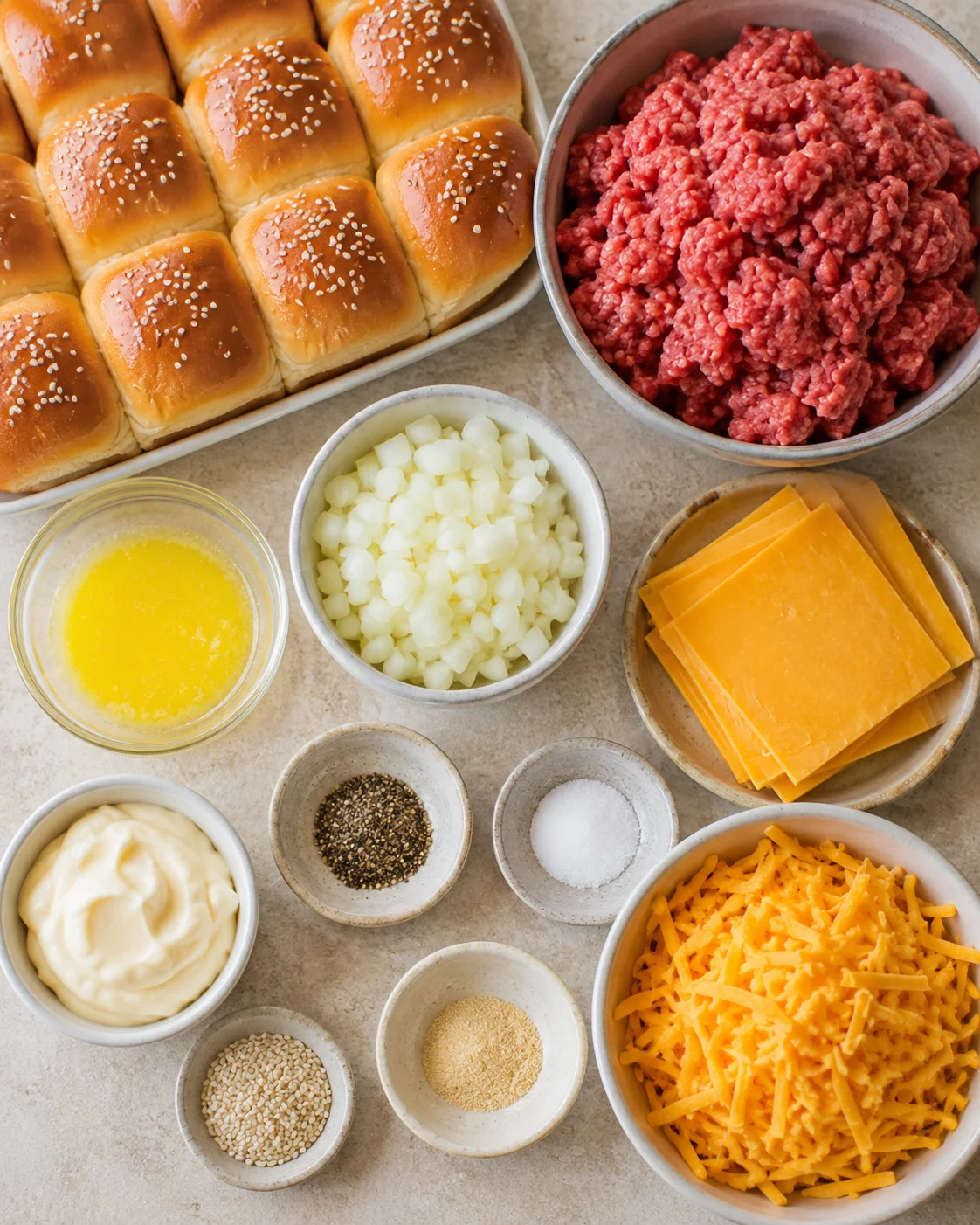 Top-down layout of ingredients for cheeseburger sliders including rolls, ground beef, cheese, onions and seasonings