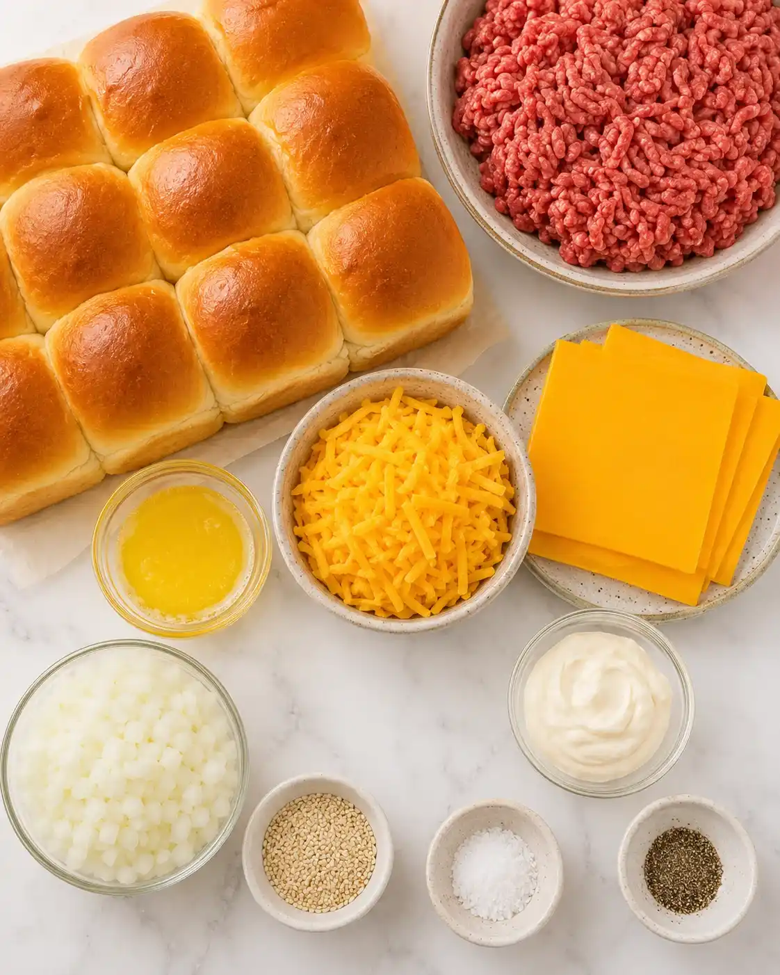 Top-down layout of ingredients for cheeseburger sliders including dinner rolls, ground beef, cheddar, onions, mayo and seasonings
