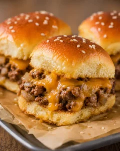 Side view of a cheeseburger slider with melted cheese on parchment-lined tray