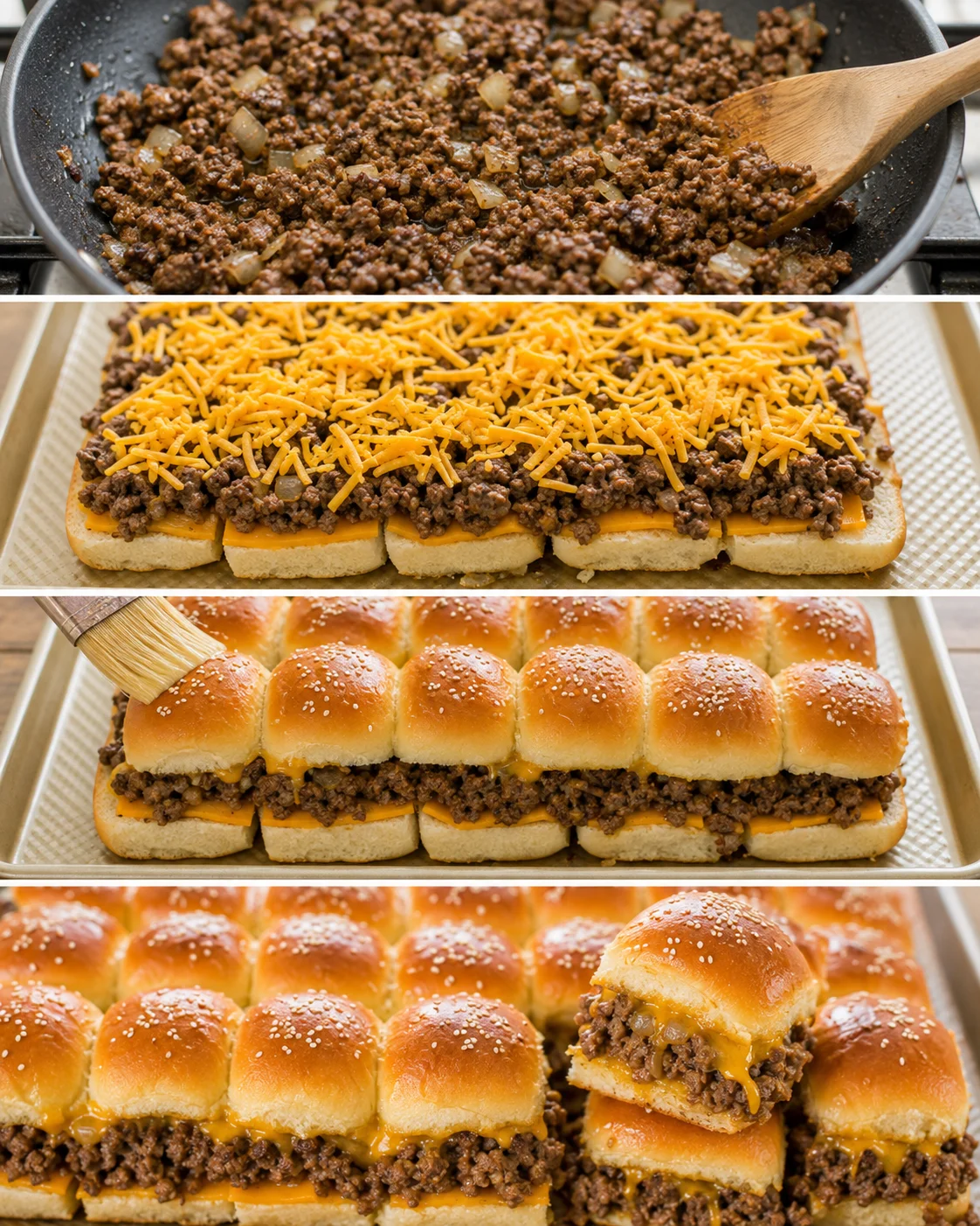 Four-pane process collage showing cooked beef, cheese layer, brushing tops, and finished sliders