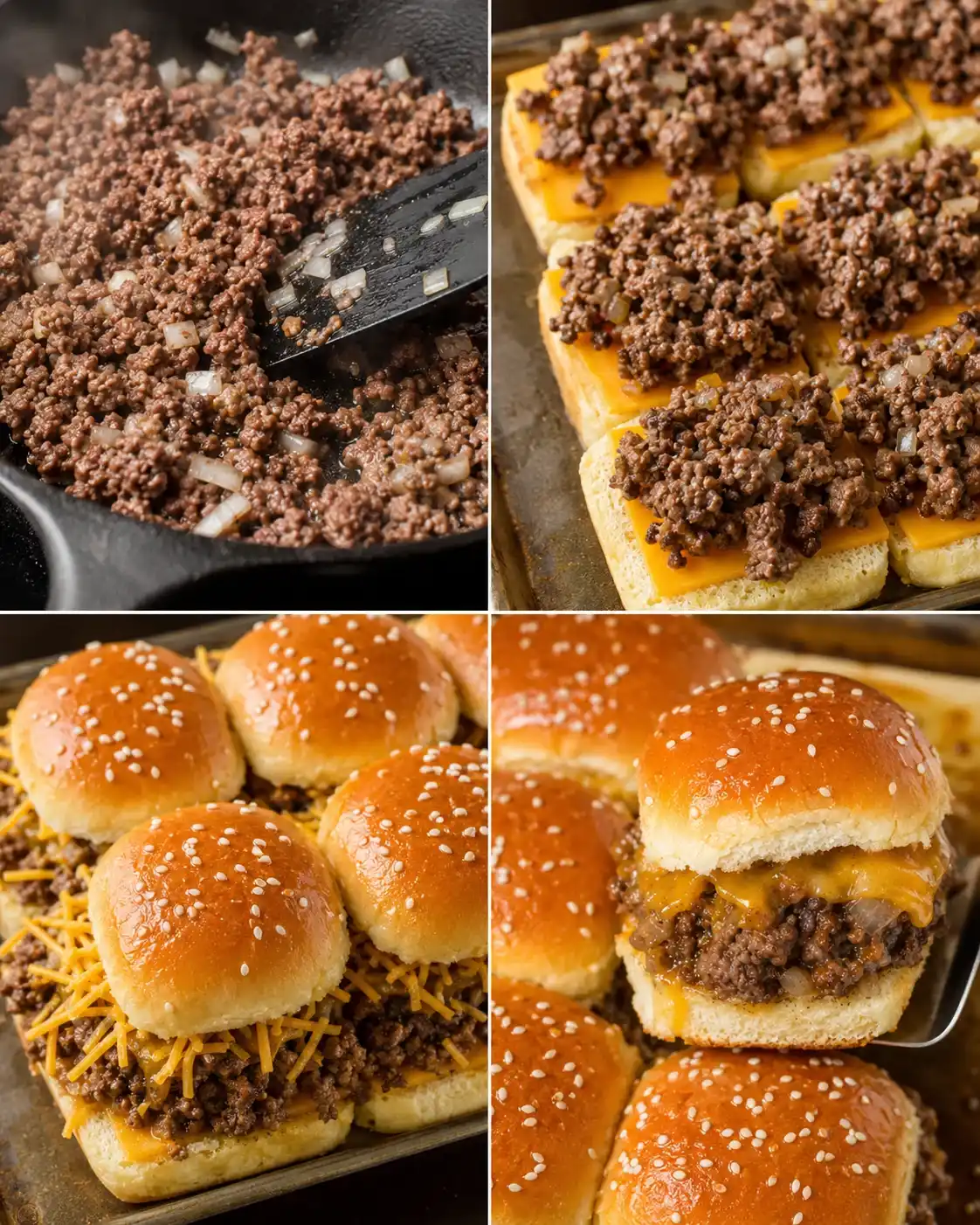 Collage showing cooking and assembly steps for cheeseburger sliders