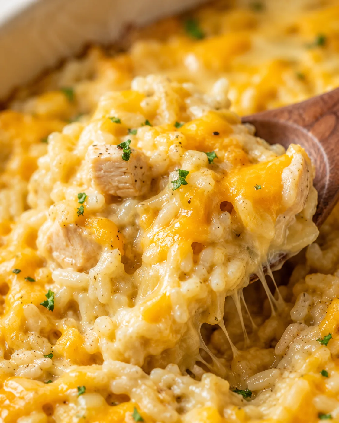 Close-up detail of cheesy rice and chicken with melted cheddar and chopped parsley