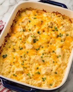 Baked Cheesy Chicken and Rice Casserole in a rectangular dish with melted cheddar and parsley
