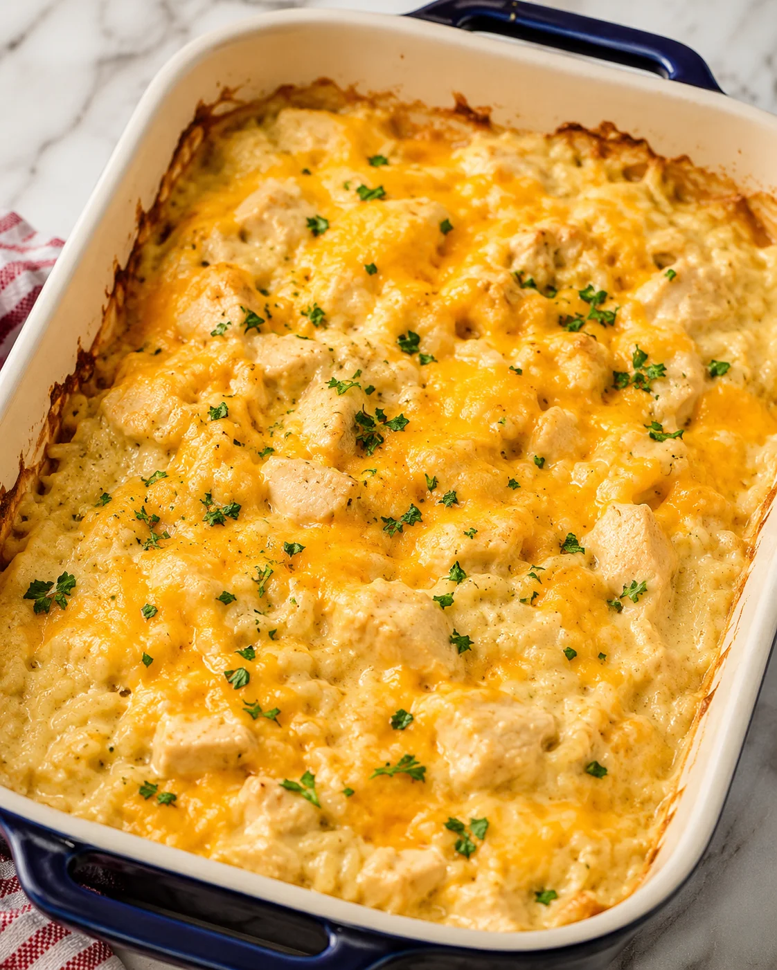 Baked Cheesy Chicken and Rice Casserole in a rectangular dish with melted cheddar and parsley