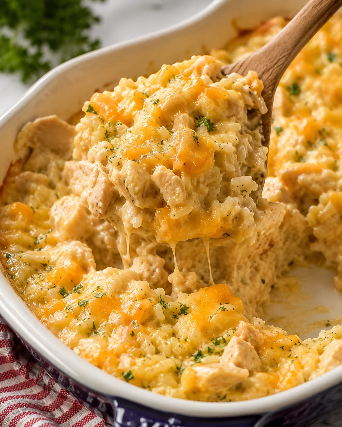 Wooden spoon lifting a gooey spoonful of cheesy chicken and rice casserole from the baking dish