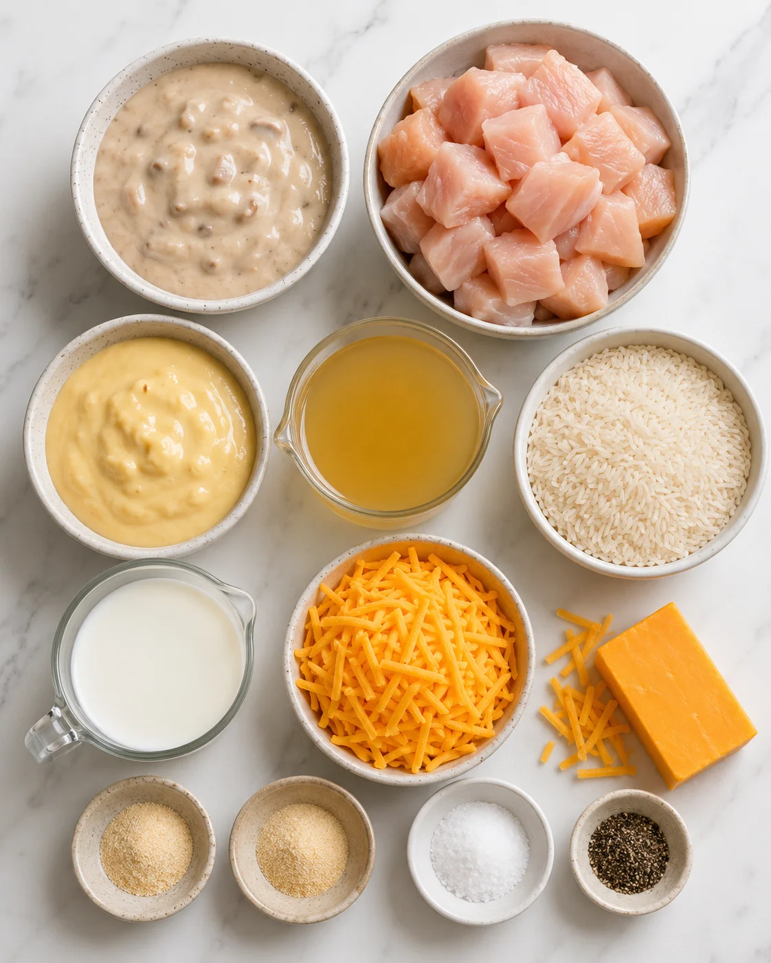 Top-down layout of ingredients including diced chicken, rice, shredded cheddar, soups, milk, broth, and seasonings