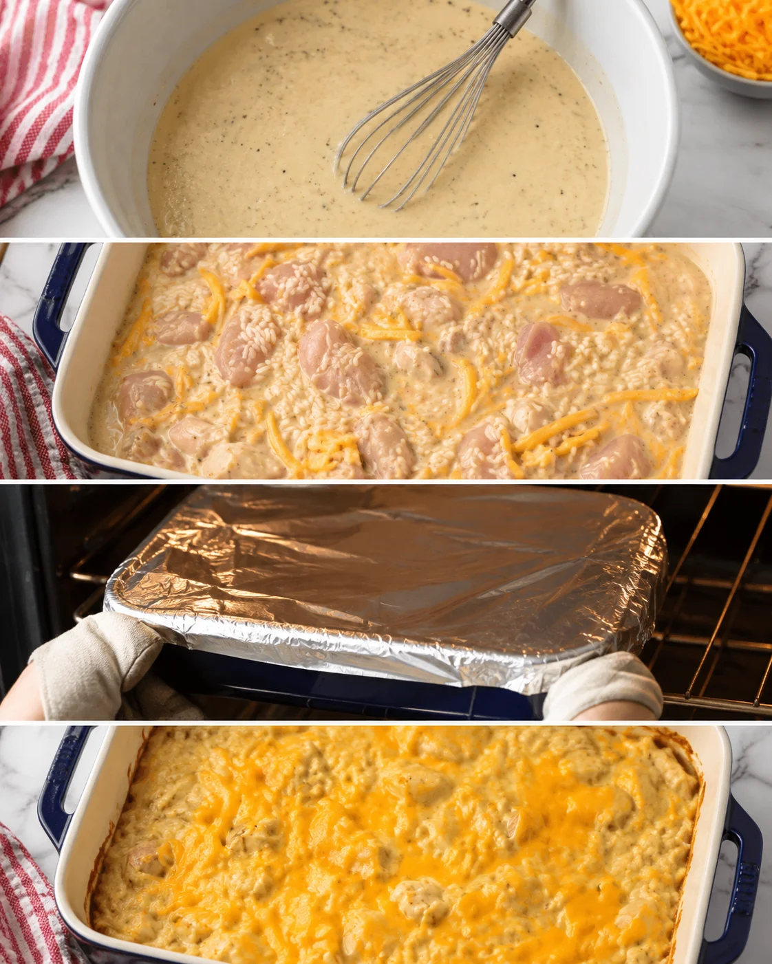 Four-panel montage showing whisked sauce, assembled casserole, covered pan going into oven, and baked casserole