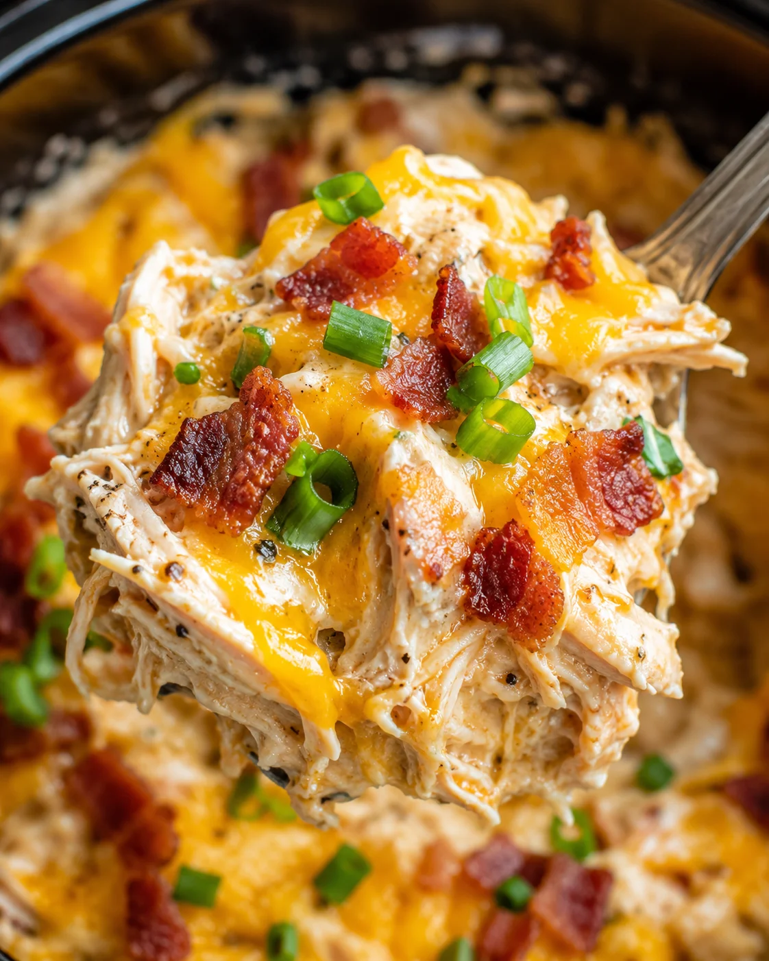 Forkful of cheesy shredded crockpot chicken topped with crispy bacon pieces and chopped green onions