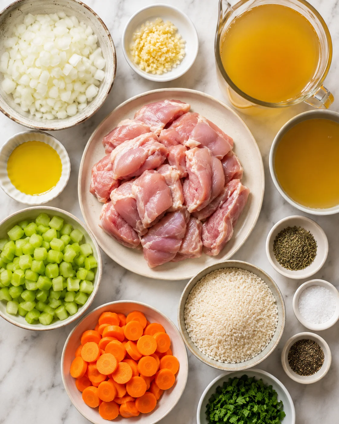 Top-down arrangement of ingredients for chicken and rice soup including chicken thighs, rice, carrots, celery, onion, garlic, broth, oil and seasonings