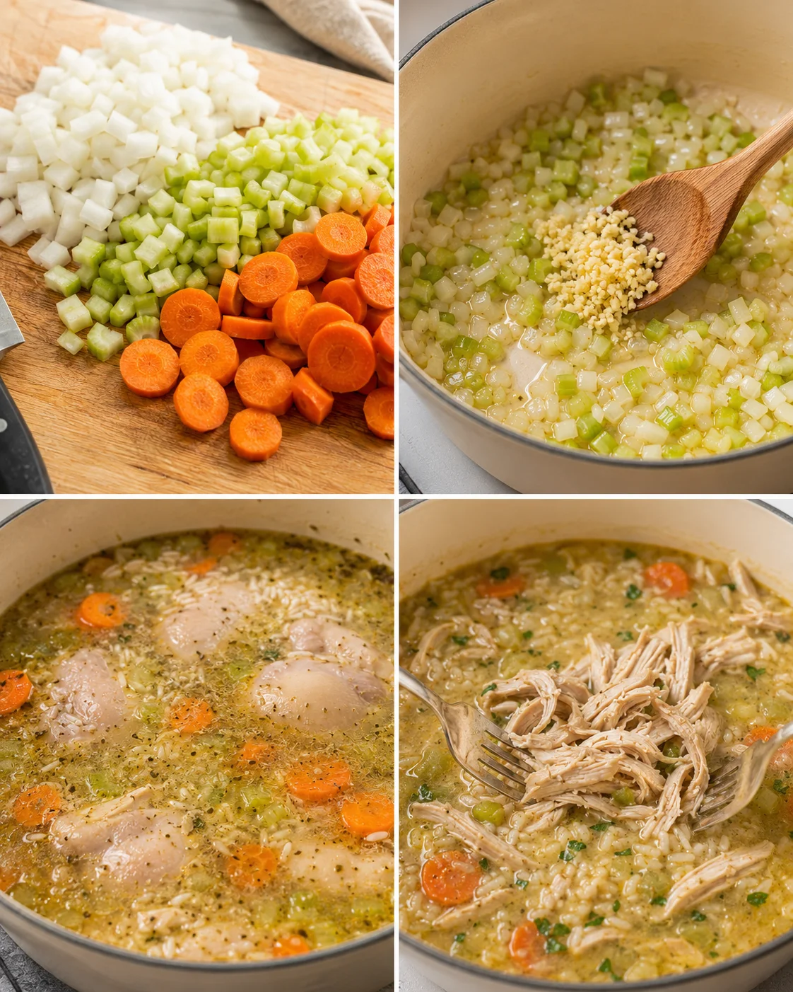 Four-panel collage showing chopping vegetables, sautéing onion and celery with garlic, simmering chicken with rice in a pot, and shredding cooked chicken