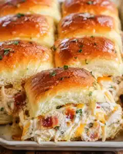 Tray of baked Chicken Bacon Ranch Sliders with glossy tops and creamy filling
