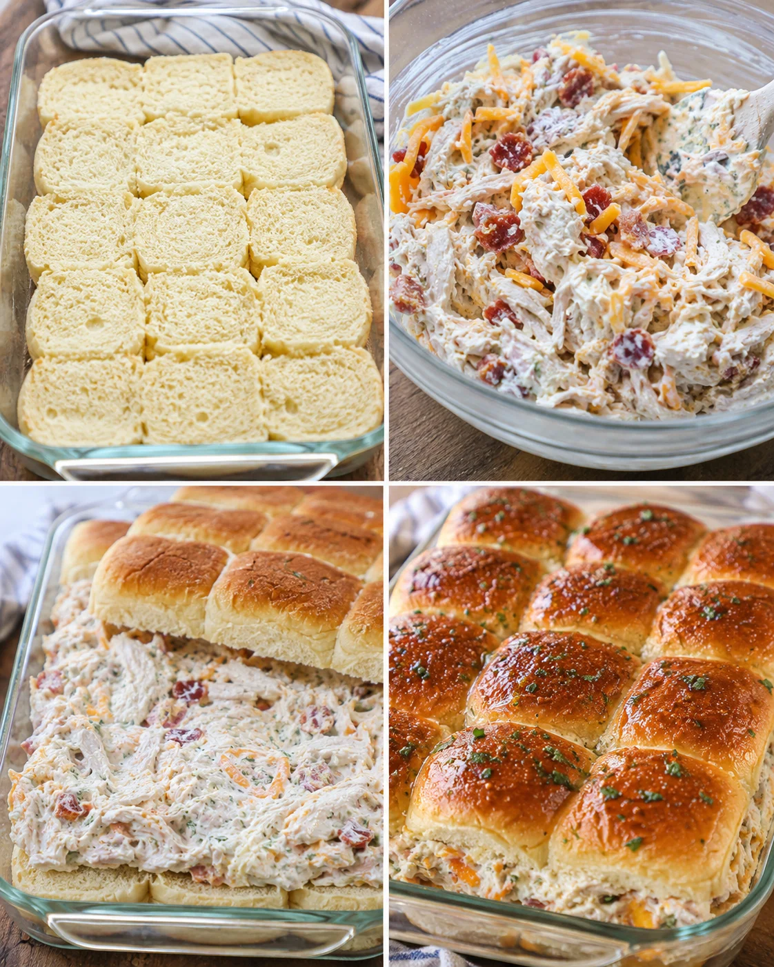 Collage showing preparation steps for Chicken Bacon Ranch Sliders: rolls in pan, mixed filling, filling spread, and baked sliders