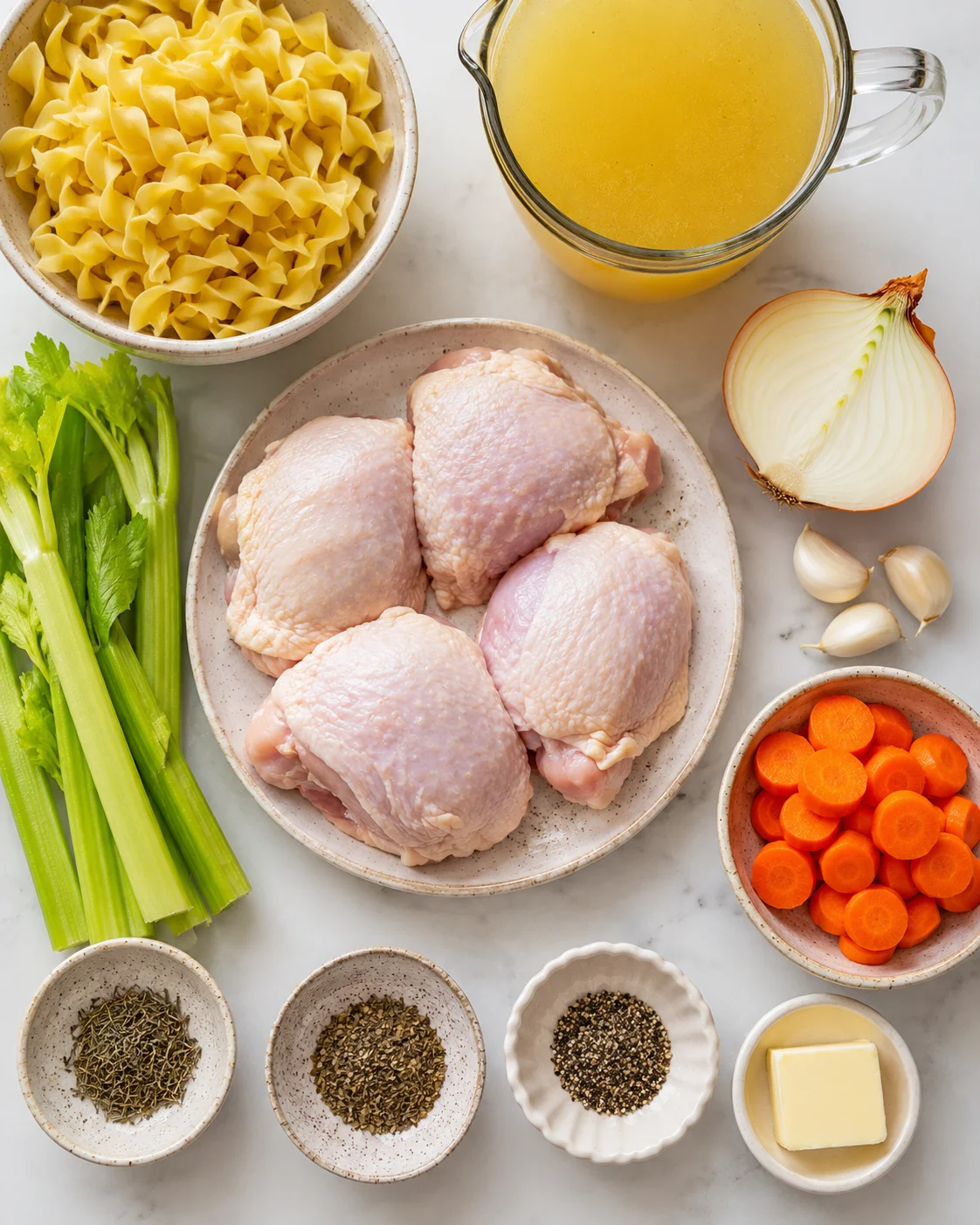 Top-down arrangement of chicken, egg noodles, celery, carrots, onion, stock and seasonings for homemade chicken noodle soup