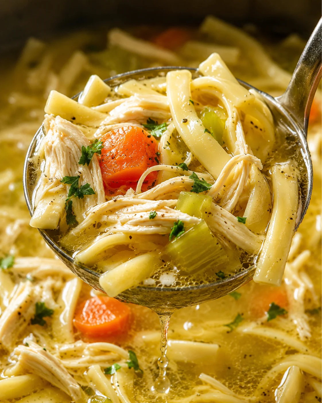 Ladle scooping homemade chicken noodle soup showing noodles, shredded chicken, celery and carrot with broth dripping