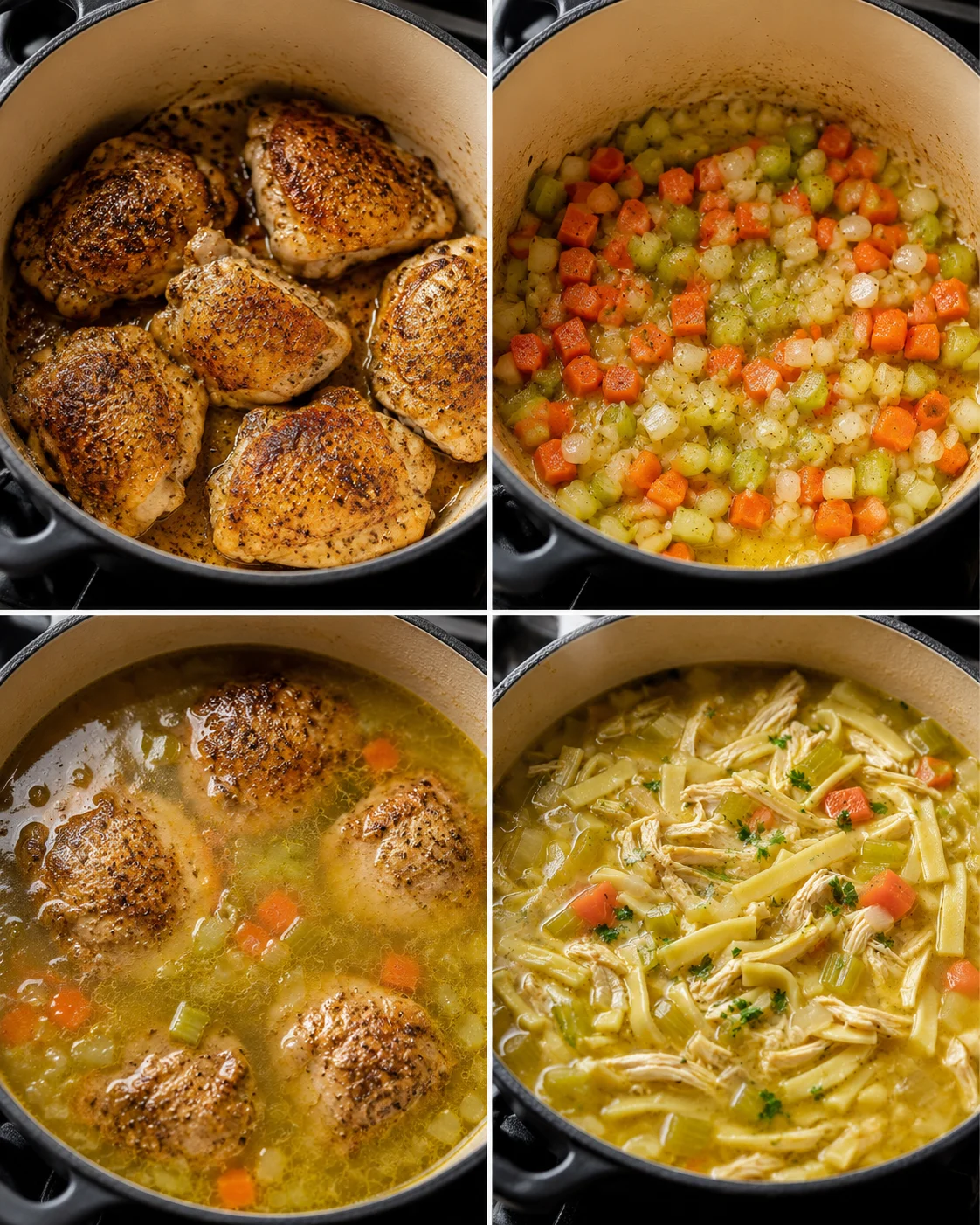 Four-panel collage showing browning chicken, sautéed vegetables, simmering broth and finished soup in a pot