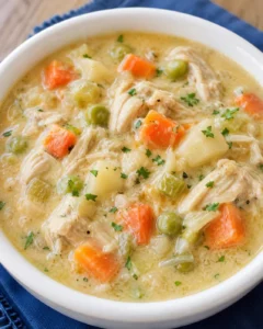 Bowl of chicken pot pie soup with chicken, potatoes, carrots and peas