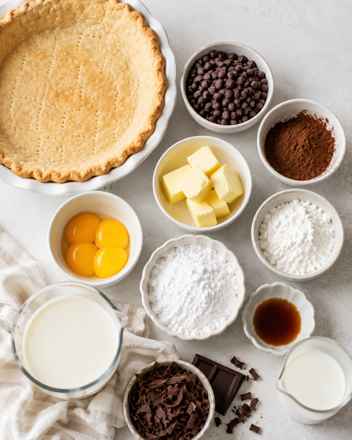 Top-down view of essential ingredients for chocolate cream pie: pie crust, chocolate chips, cocoa, butter, egg yolks, milk, and other small bowls