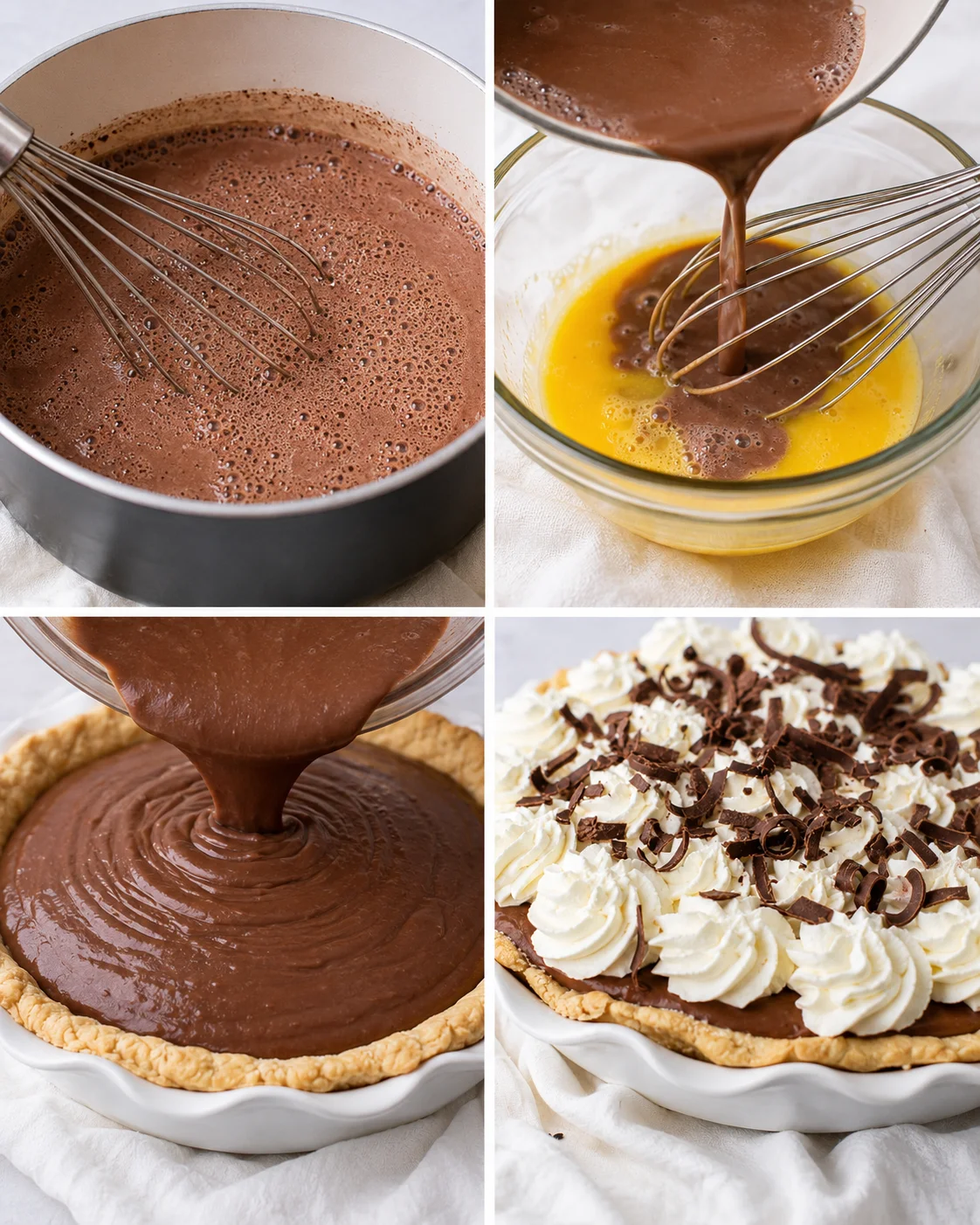 Four-photo collage showing whisking and pouring steps for making chocolate cream pie and the finished topped pie
