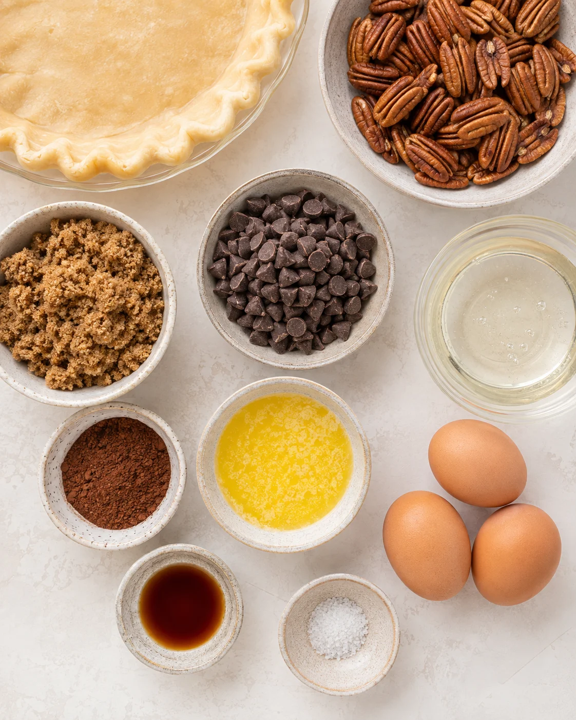 Top-down view of ingredients for chocolate pecan pie including crust, pecans, chocolate chips, eggs and brown sugar