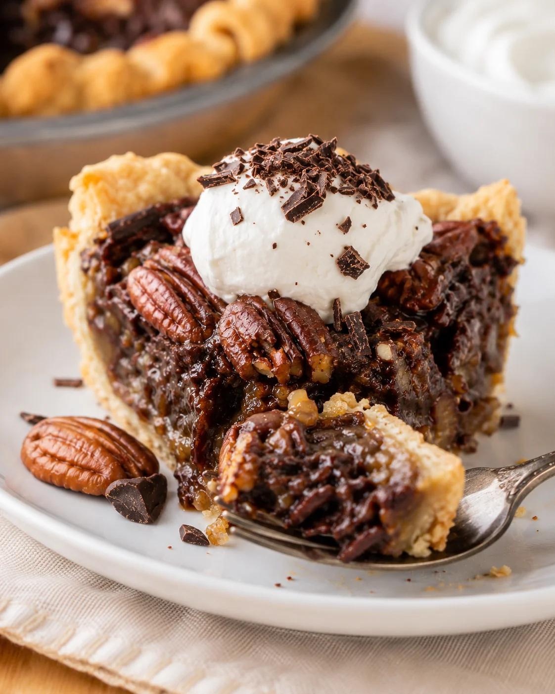 Slice of chocolate pecan pie with whipped cream and a fork taking a bite