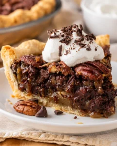 Slice of chocolate pecan pie topped with whipped cream and chocolate shavings