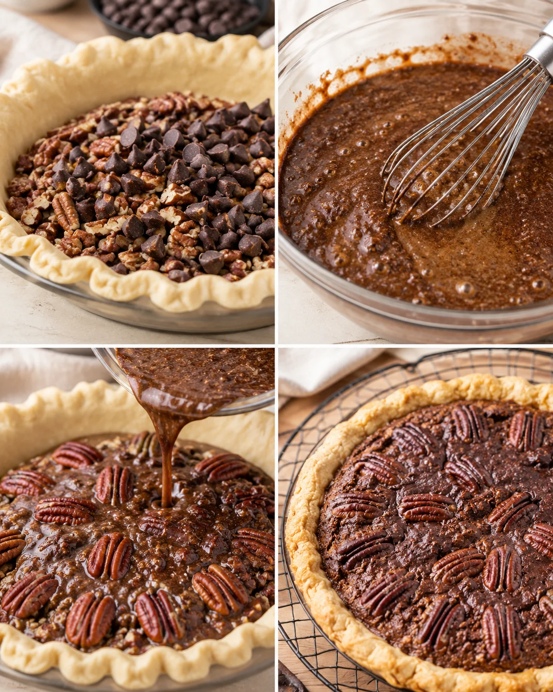 Collage showing steps for making chocolate pecan pie: nuts and chips in crust, whisked filling, pouring filling, and baked pie