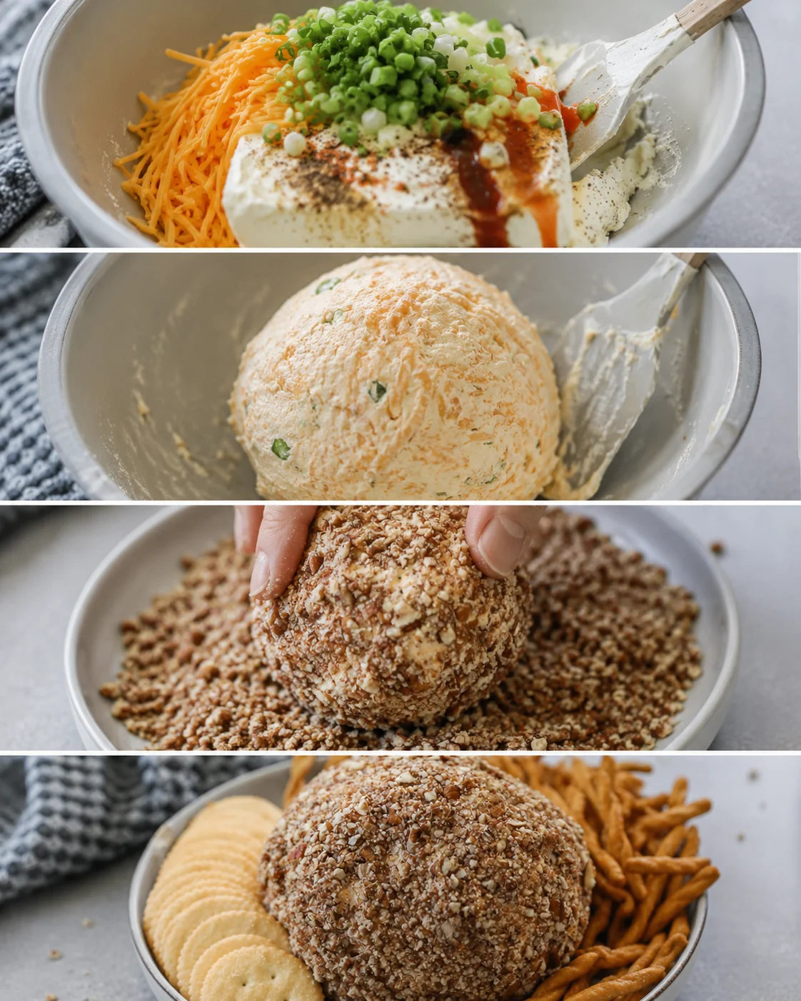 Four-panel step process showing mixing, forming, coating, and plating the classic cheese ball
