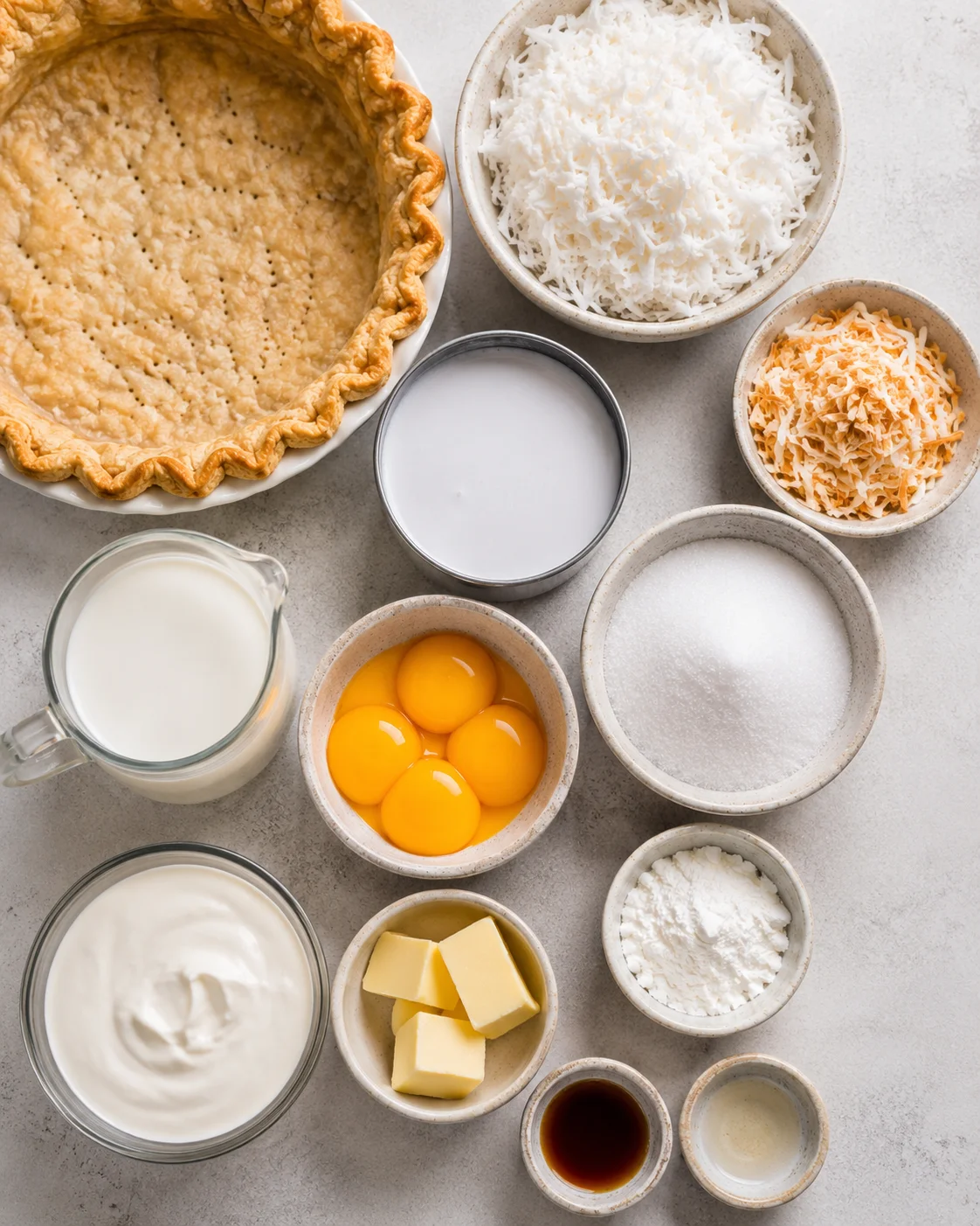 Top-down view of ingredients for coconut cream pie including pie crust, egg yolks, milk, coconut, sugar, butter and extracts