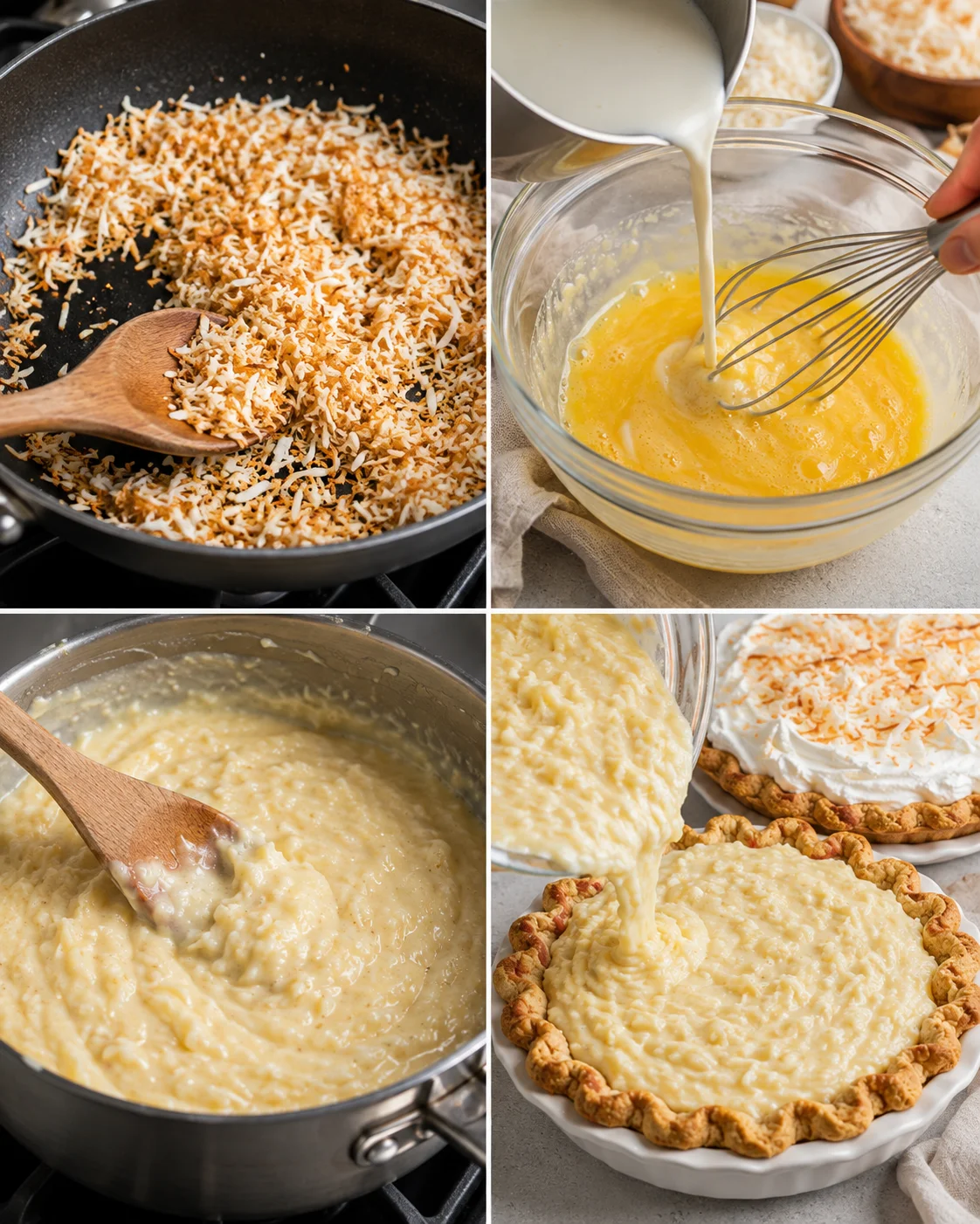 Collage of steps: toasting coconut, whisking and tempering eggs, cooking custard, and pouring filling into crust