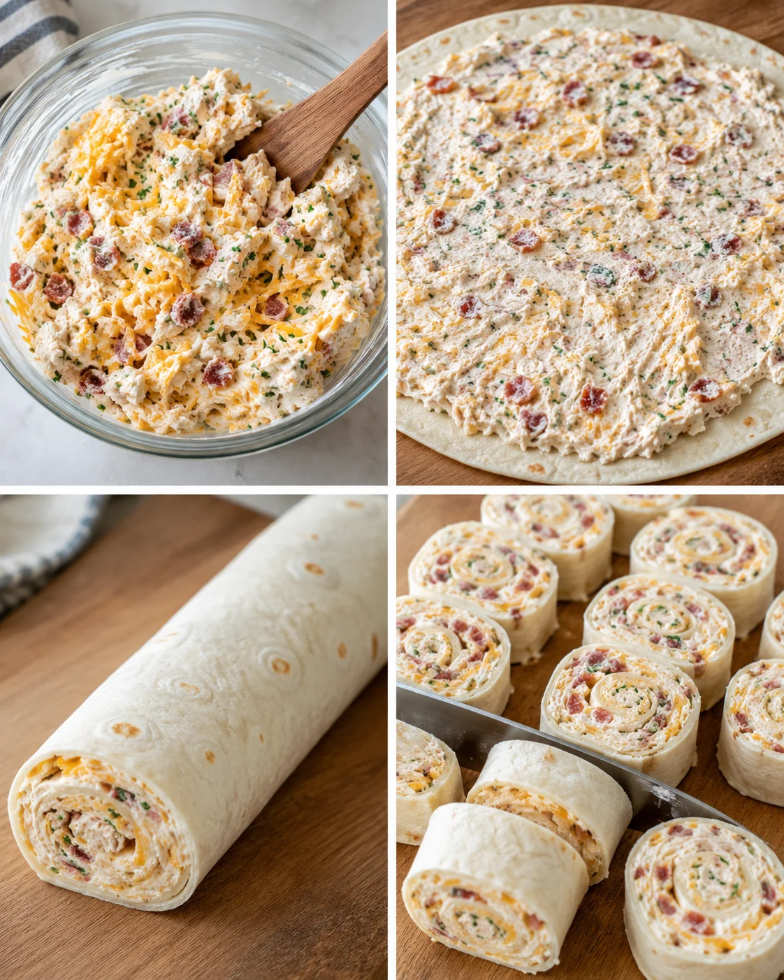 Four-panel process images showing mixing, spreading, rolling, and slicing pinwheels