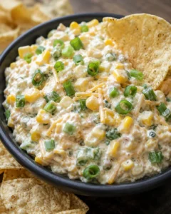 Bowl of Crack Dip topped with green onions and served with tortilla chips