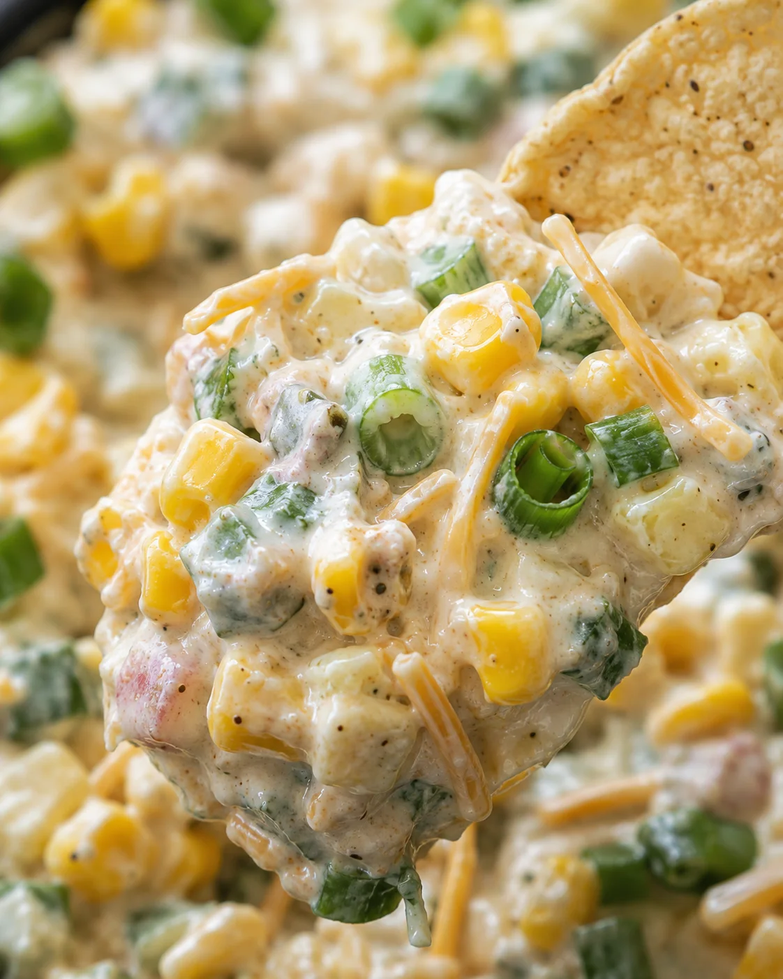 Close-up detail of Crack Dip showing creamy texture, corn, jalapeños and green onions