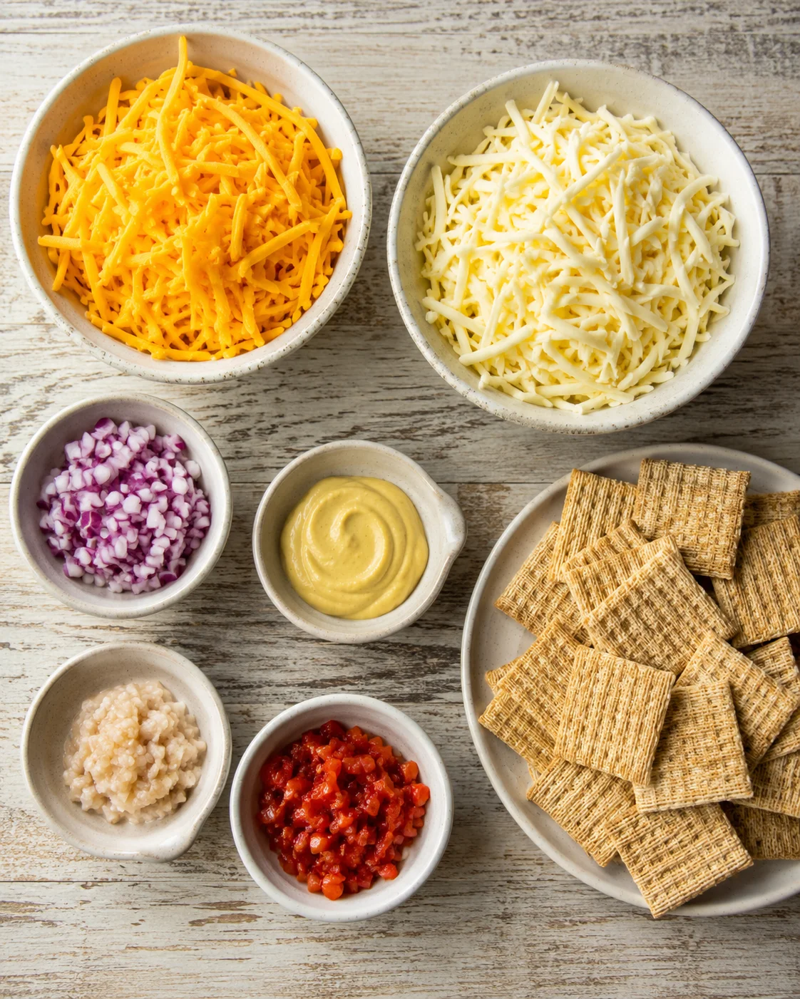 Top-down layout of shredded cheddar, shredded white cheese, diced red onion, mustard, pimientos and crackers for the dip