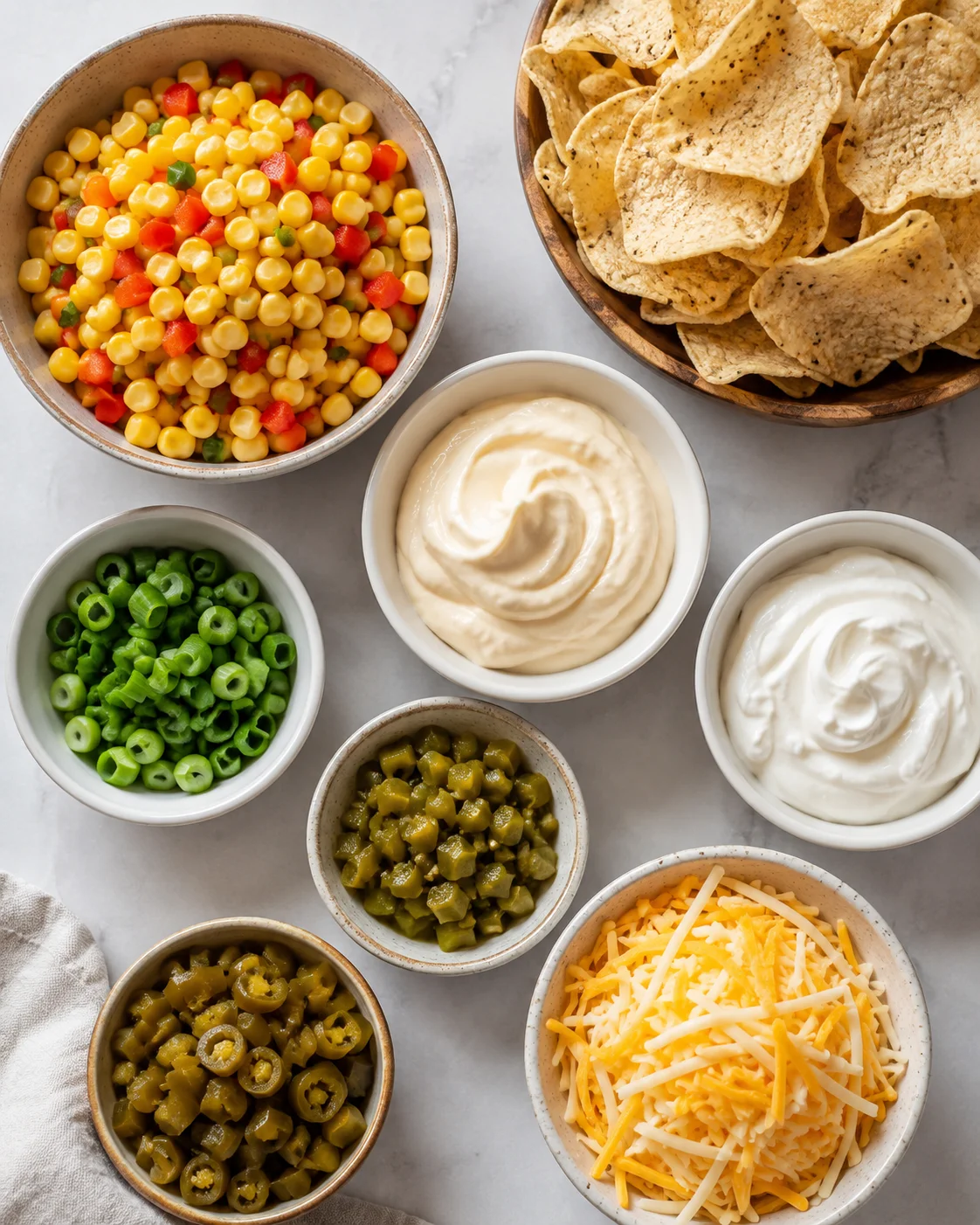 Top-down view of Crack Dip ingredients arranged in bowls: Mexicorn, mayo, sour cream, cheese, jalapeños, green onions and chips