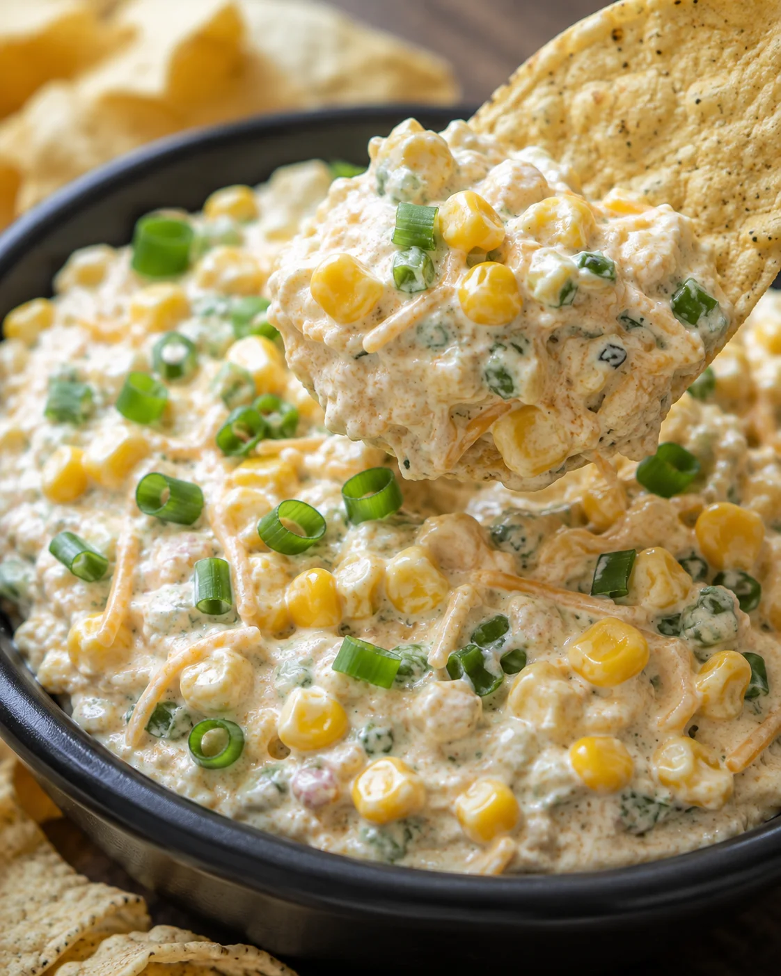 Tortilla chip scooping a generous spoonful of Crack Dip with corn and scallions