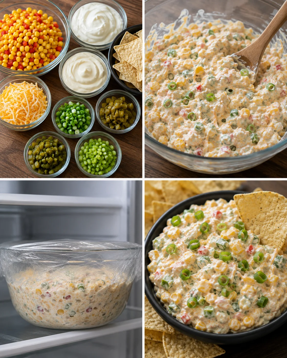 Collage showing Crack Dip ingredients, mixing, chilling and finished dip