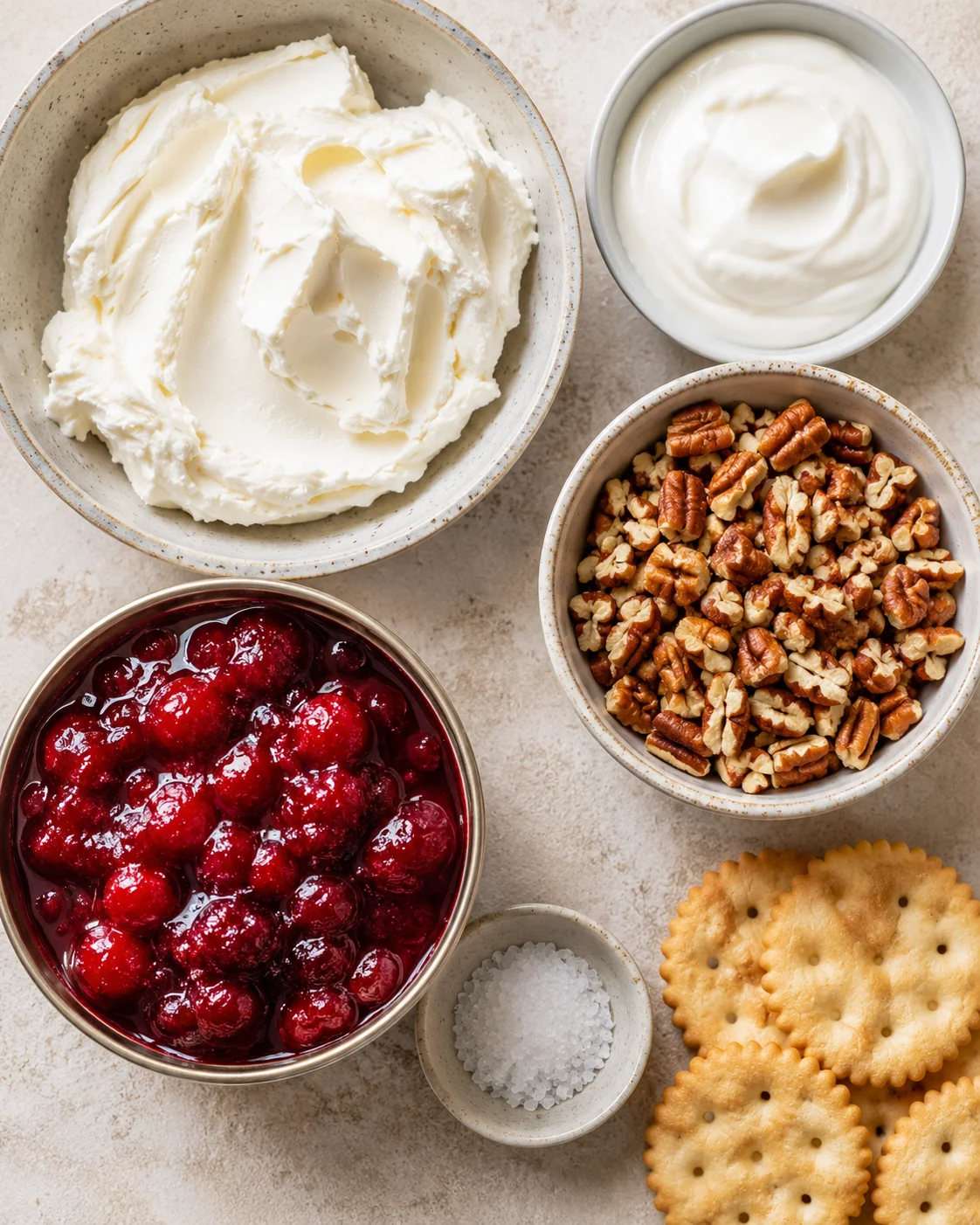 Top-down view of cream cheese, sour cream, cranberry sauce, chopped pecans, salt and crackers for cranberry cream cheese dip