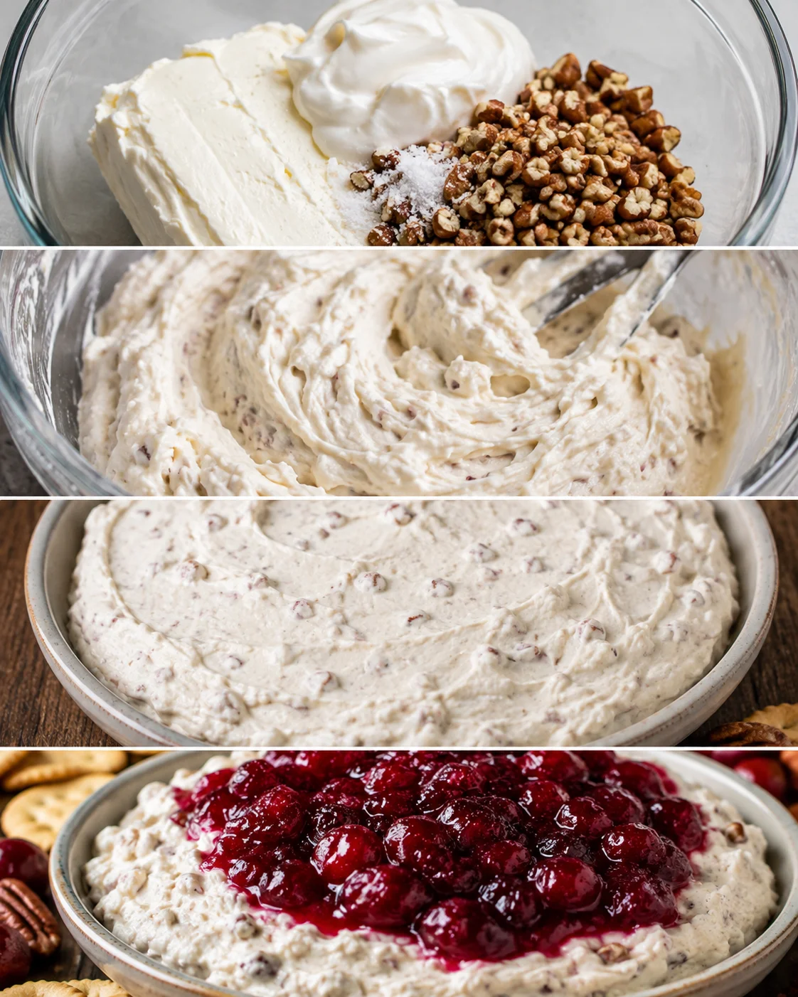 Four-panel sequence showing mixing steps for cranberry cream cheese dip from ingredients to finished spread topped with cranberry sauce