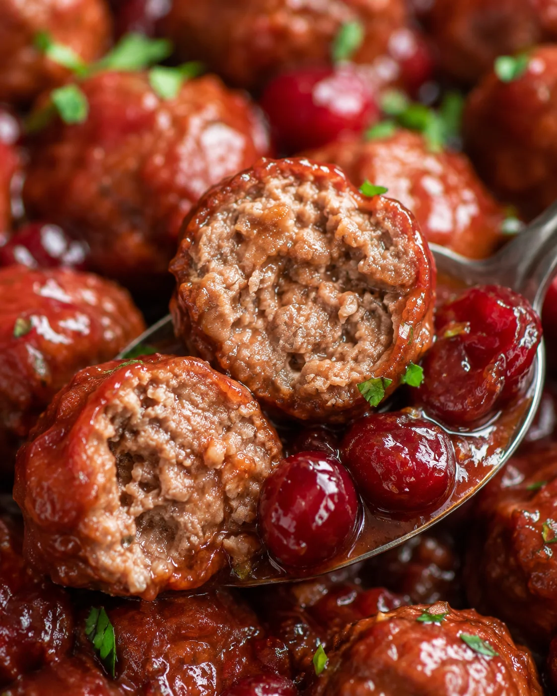 Cross-section of a cranberry meatball showing the cooked interior on a spoon