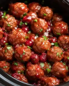 Slow-cooker filled with glossy cranberry meatballs and whole cranberries